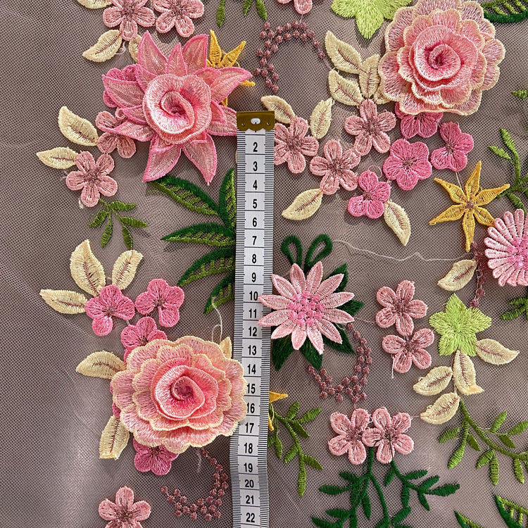 Tanti Fiori Embroidered 3D Applique Floral Tulle - Pink / Chartreuse