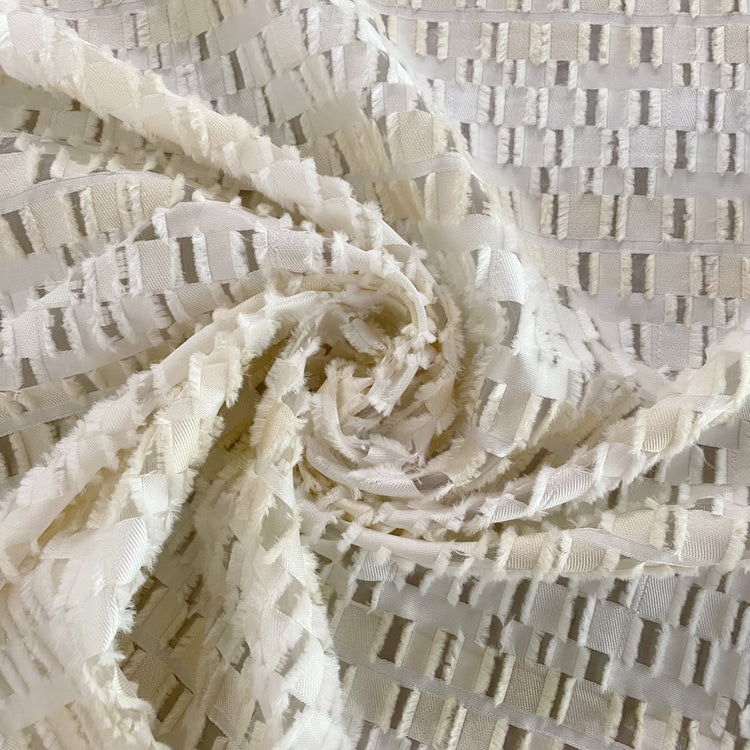 Rectangular Checkerboard Fringe Devore Organza - White / Cream