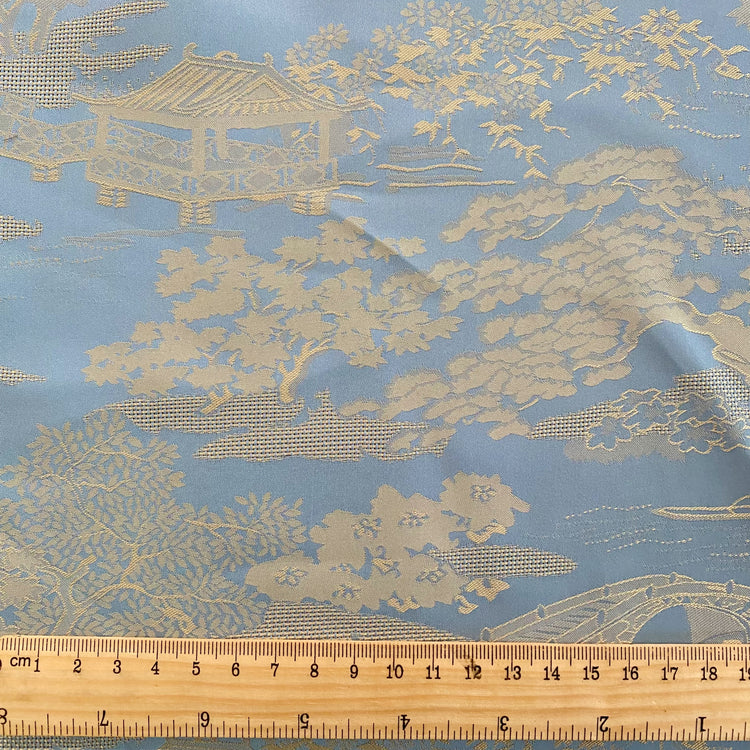 Chinese Garden Satin Jacquard - Open Weave Motif - Light Blue / Cornsilk