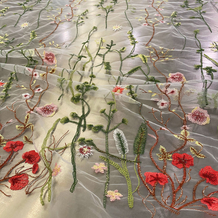 Wildflower Meadow Embroidered Tulle - Green/White