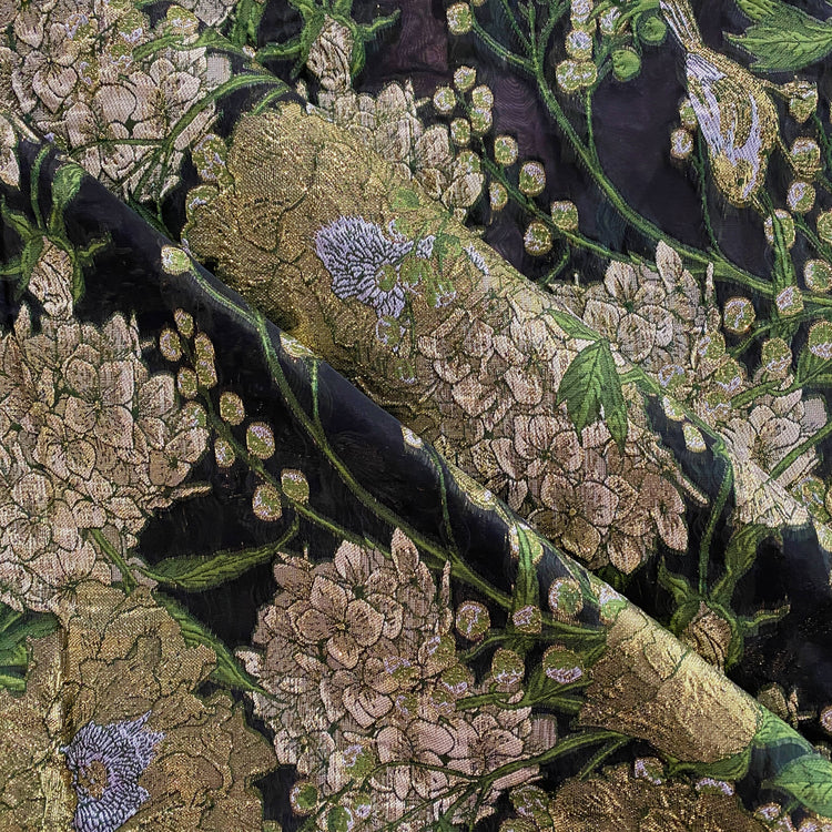 Metallic Floral/Birds Brocade Organza - Light Green/ Black