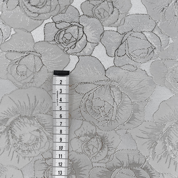 Raised Edge Rose Brocade - Metallic- Silver/White
