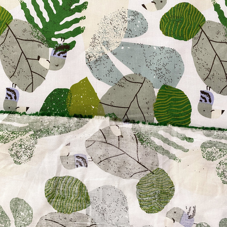 Birds & Leaves Storybook Illustration Cotton Lawn - Green