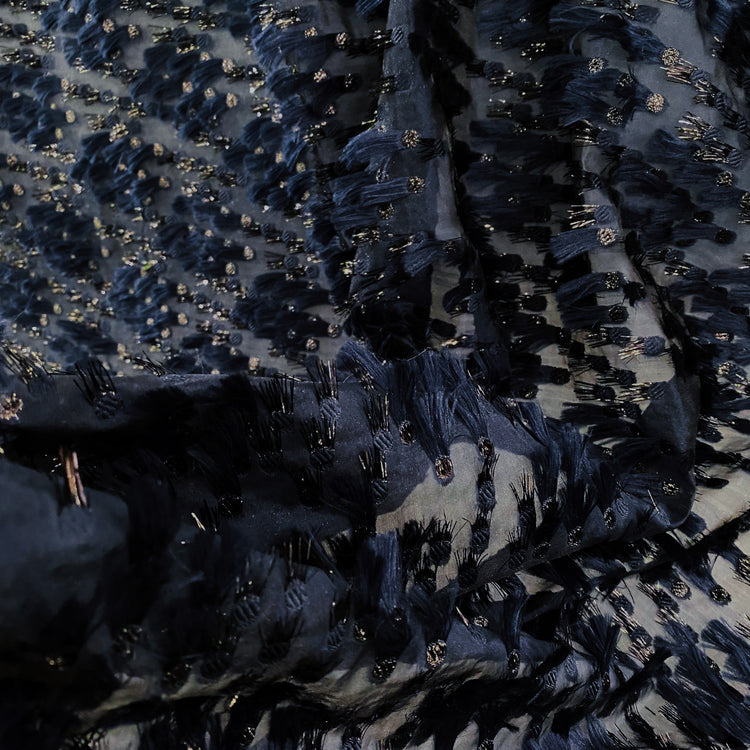 Organza Dobby - Metallic & Faux Fur Fringing - Navy/Midnight