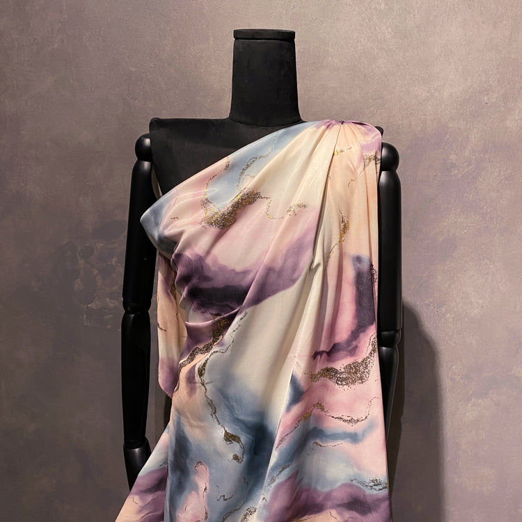 Rococo Marble Swirl Charmeuse - Steel Blue / Lavender / Gold