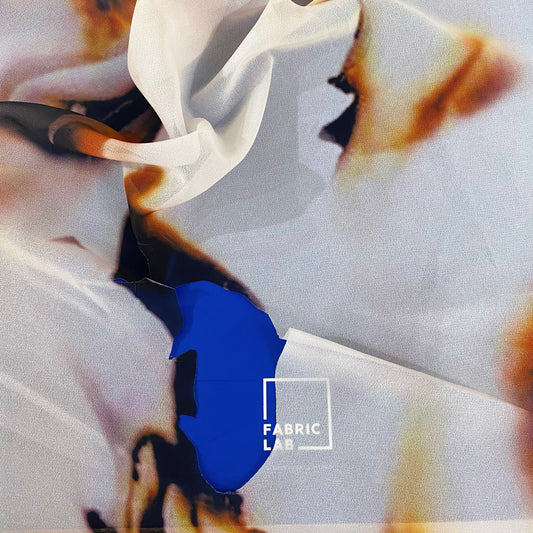 Burnt Paper Print Crepe de Chine - Cut Holes - White/Orange