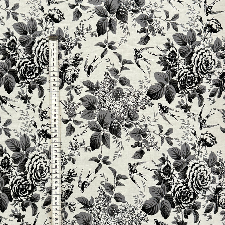 Rose & Swallow Cotton Lawn - Black/White