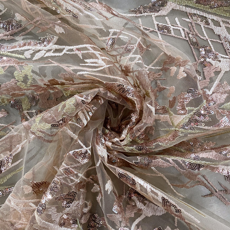 Abstract Trellis Embroidered/Sequin Tulle - Papaya Whip/Rosy Brown
