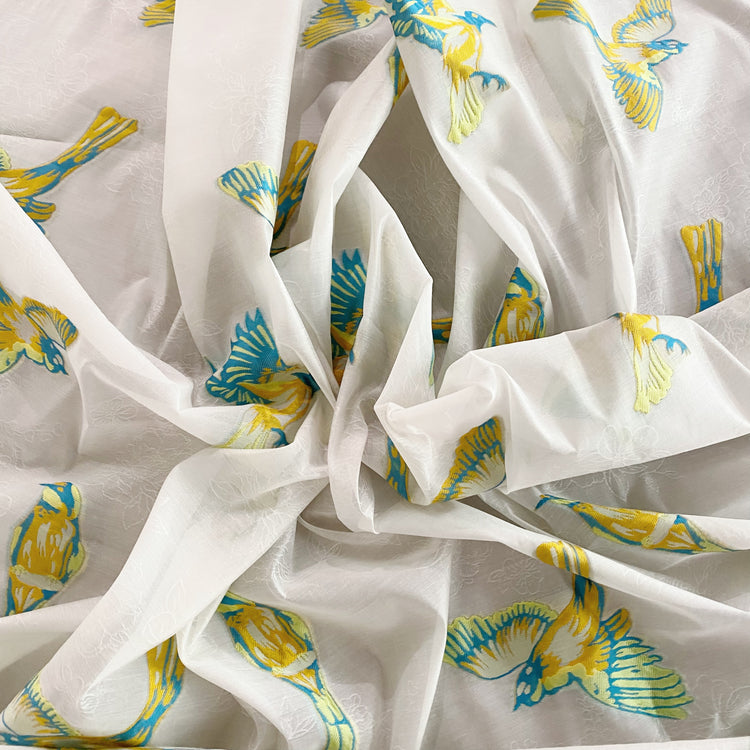 Floral Sparrow Organza Jacquard - Teal/Goldenrod