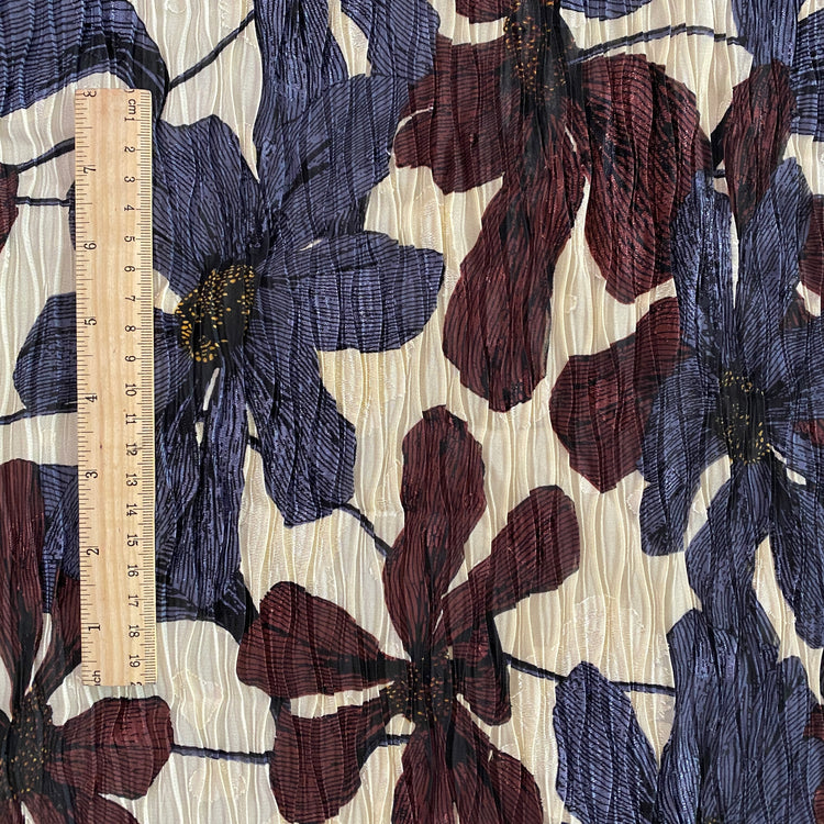 Clematis Wave Pleated Dobby Voile - Slate Blue / Bordeaux