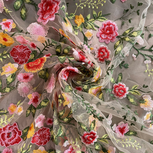 Garden Bouquet Embroidered Tulle - Pink / Forest Green