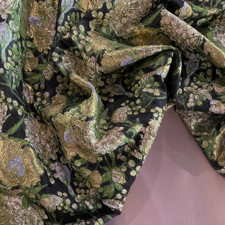Metallic Floral/Birds Brocade Organza - Light Green/ Black