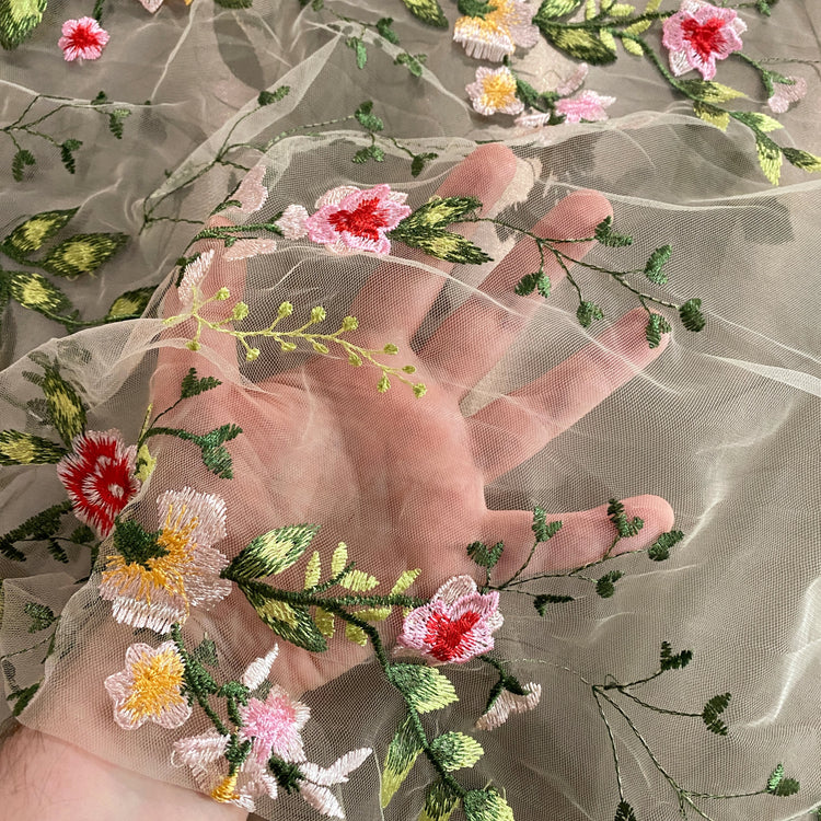 Garden Bouquet Embroidered Tulle - Pink / Forest Green
