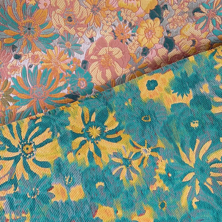 Pastel Sunflower Jacquard - Satin Base - Yellow/Aqua