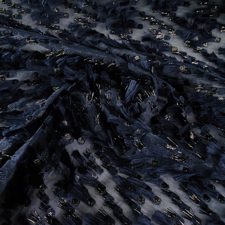 Organza Dobby - Metallic & Faux Fur Fringing - Navy/Midnight