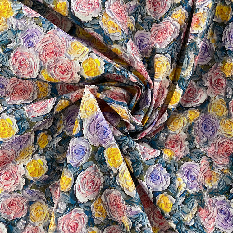 Oil-Painted Cabbage Roses Cotton Lawn - Lavender/Yellow