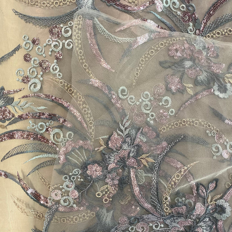 Art Nouveau Embroidered Floral Vine Tulle - Sequined - Cadet Blue/Rose Gold
