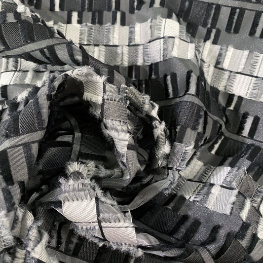 Rectangular Checkerboard Fringe Devore Organza - Black/Silver Grey