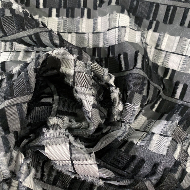 Rectangular Checkerboard Fringe Devore Organza - Black/Silver Grey