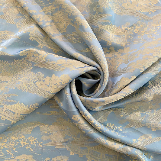 Chinese Garden Satin Jacquard - Open Weave Motif - Light Blue / Cornsilk