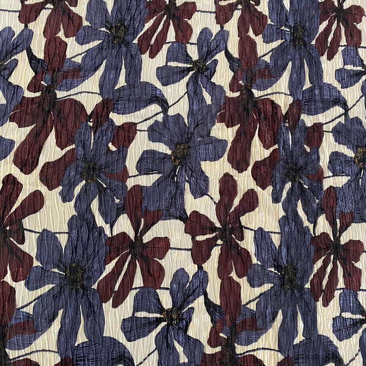 Clematis Wave Pleated Dobby Voile - Slate Blue / Bordeaux