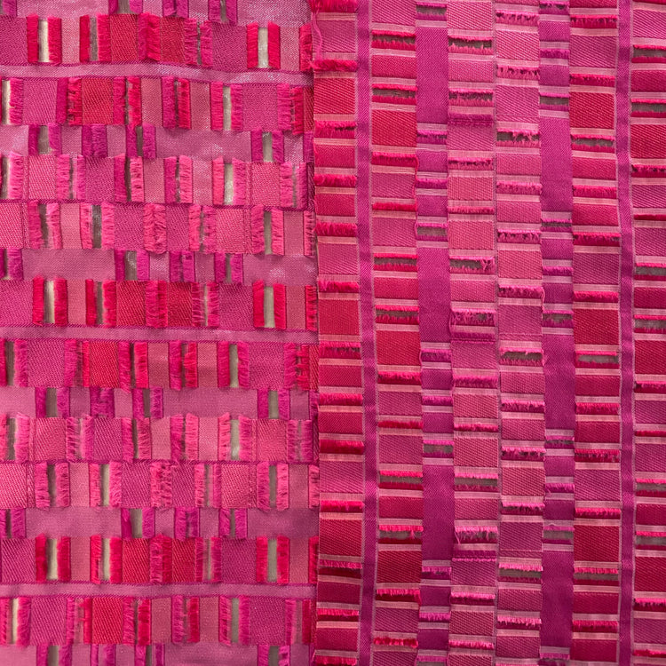 Rectangular Checkerboard Fringe Devore Organza - Fuchsia