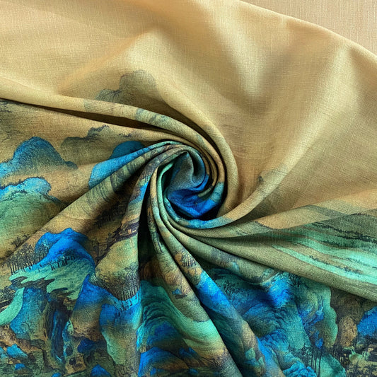 Eastern Gouache Landscape - Border Print - Yellow Green/Dodger Blue