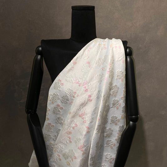 Iridescent Leaf Rose Cloqué Brocade - White / Pink