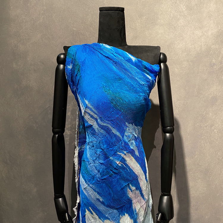 Flame Print Plisse Chiffon - Powder Blue / Cerulean / Sea Green