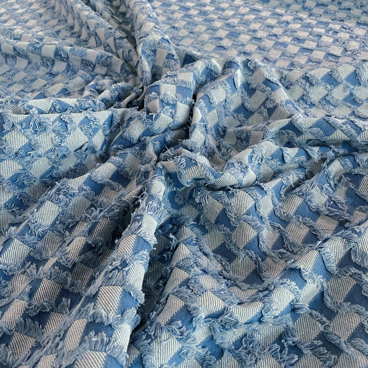 Fringed Check Cotton/Poly Denim - Tonal Blue