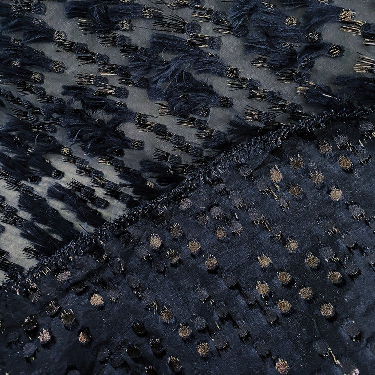 Organza Dobby - Metallic & Faux Fur Fringing - Navy/Midnight