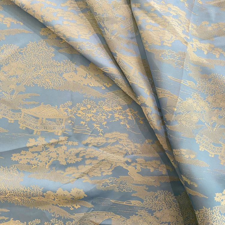 Chinese Garden Satin Jacquard - Open Weave Motif - Light Blue / Cornsilk