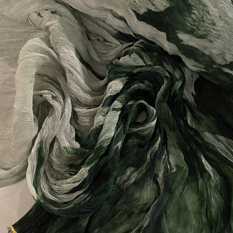 Flame Print Plisse Chiffon - Dark Green / Pale Sea Green