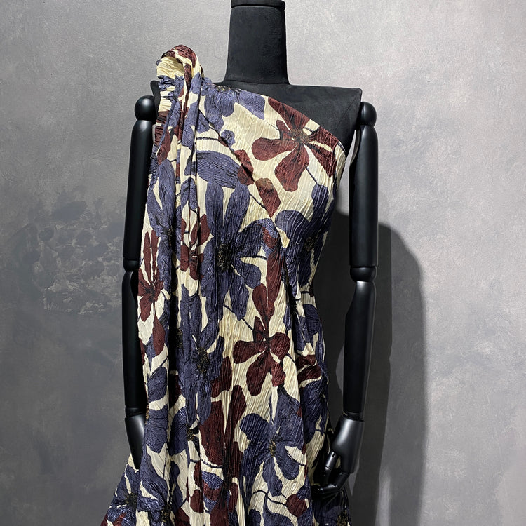 Clematis Wave Pleated Dobby Voile - Slate Blue / Bordeaux