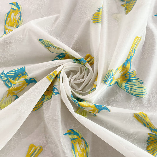 Floral Sparrow Organza Jacquard - Teal/Goldenrod