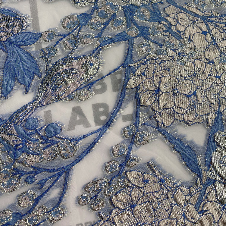 Metallic Floral/Birds Brocade Organza - Light Blue/Pale Pink