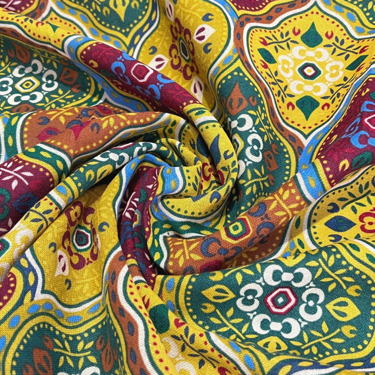 Moroccan Tile Cotton Plain Weave - Yellow/Maroon