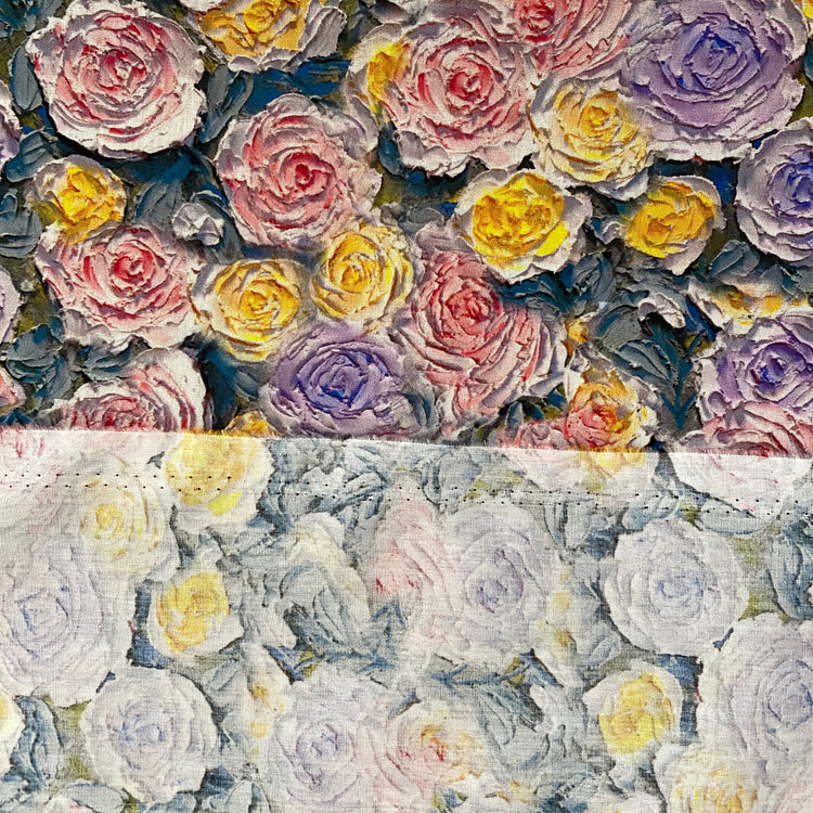 Oil-Painted Cabbage Roses Cotton Lawn - Lavender/Yellow