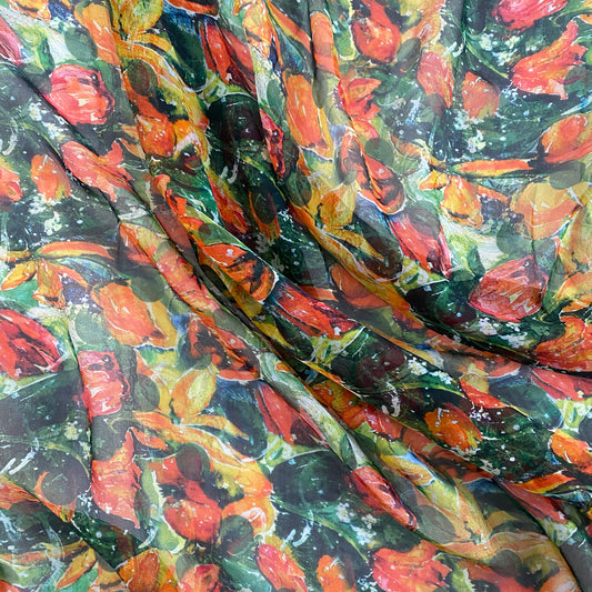 Watercolour Tulip & Paisley Ghosting Sheer Silk Plain Weave - Green/Orange