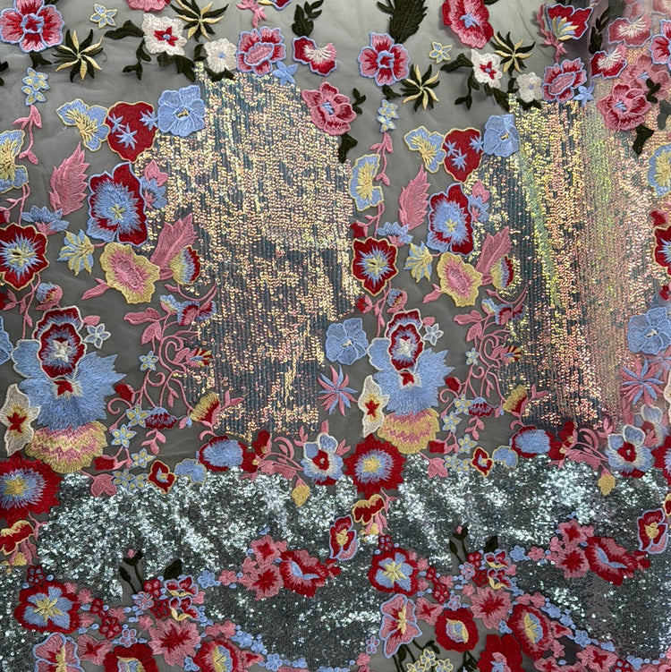 Bright Floral Pools Embroidered Sequin Tulle - Pink/Red