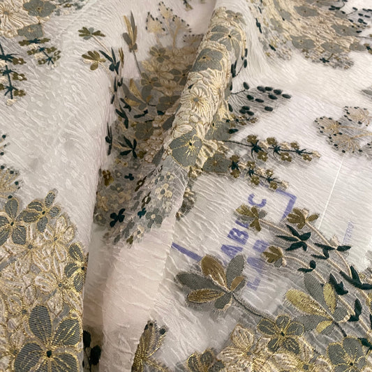 Metallic Floral Bouquet - Air Bubble Double Weave Organza - Teal/Cornsilk