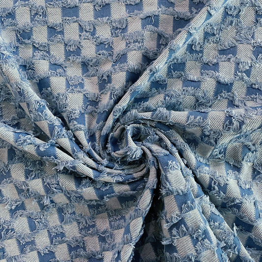 Fringed Check Cotton/Poly Denim - Tonal Blue