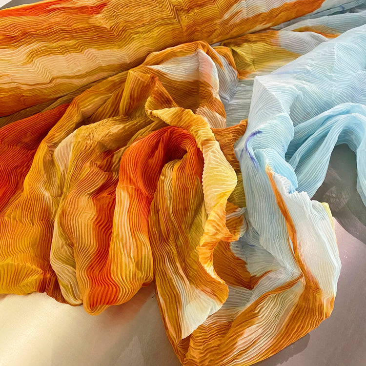 Flame Print Chiffon Plisse - Orange/Powder Blue