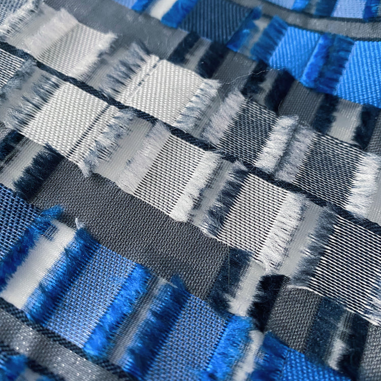 Rectangular Checkerboard Fringe Devore Organza - Blue/Silver