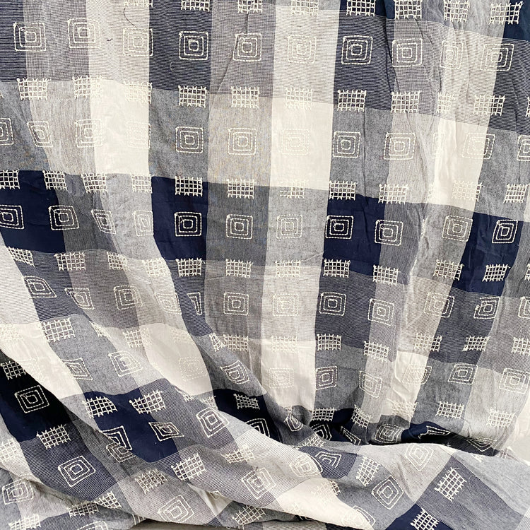 Square Grid Embroidered Cotton Gingham - Steel Blue