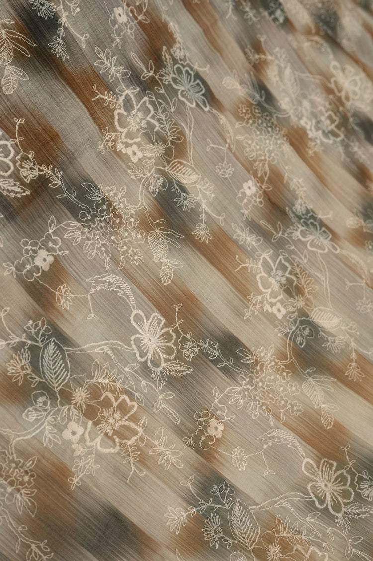 Chilli Flower - Embroidered Poly/Cotton Voile - Olive/Cornsilk