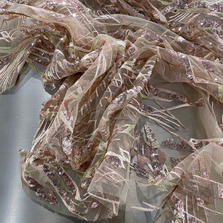 Abstract Trellis Embroidered/Sequin Tulle - Papaya Whip/Rosy Brown
