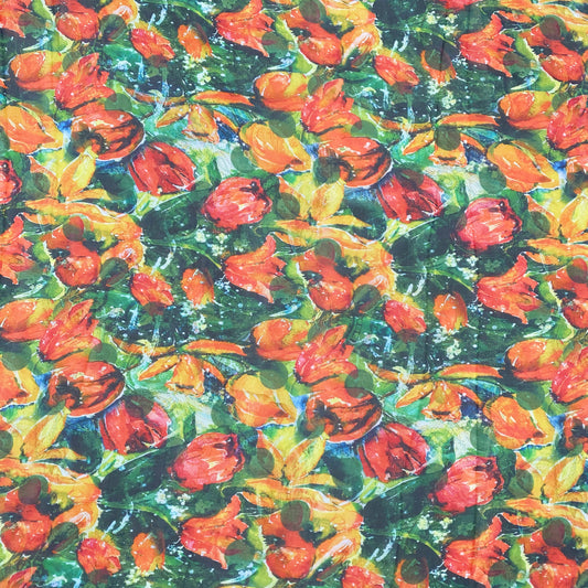 Watercolour Tulip & Paisley Ghosting Sheer Silk Plain Weave - Green/Orange