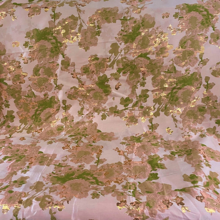 Large Flower Blossom Brocade - Metallic - Pale Pink/Green