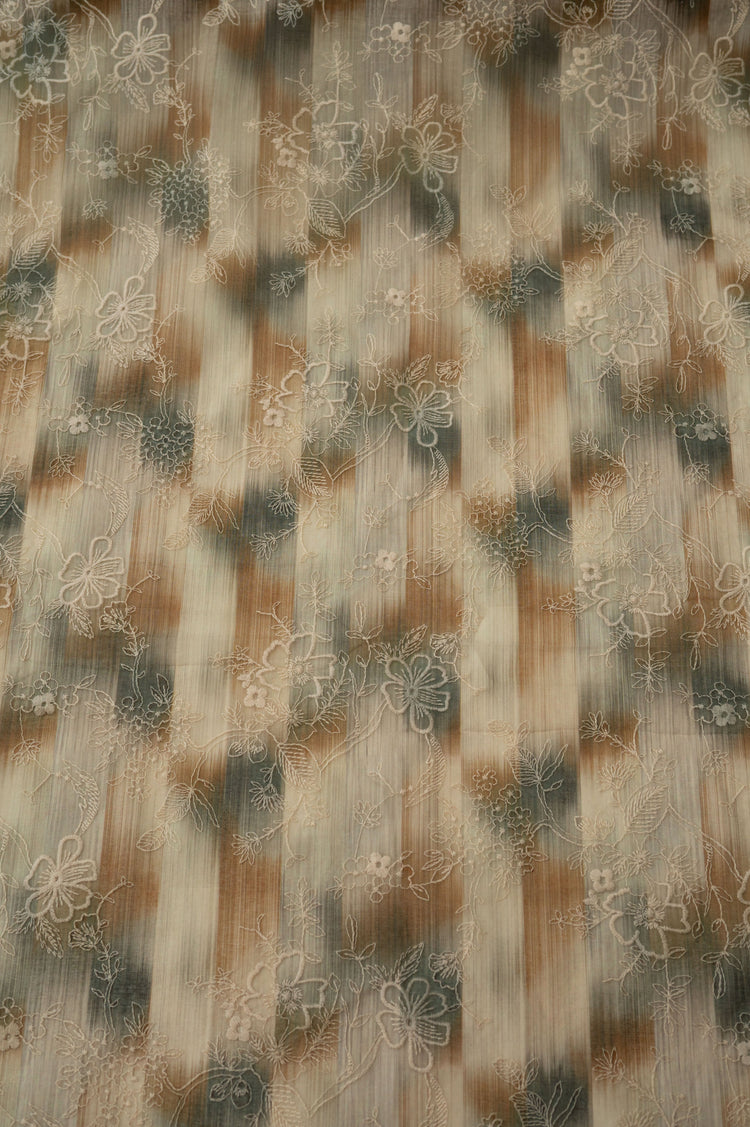 Chilli Flower - Embroidered Poly/Cotton Voile - Olive/Cornsilk